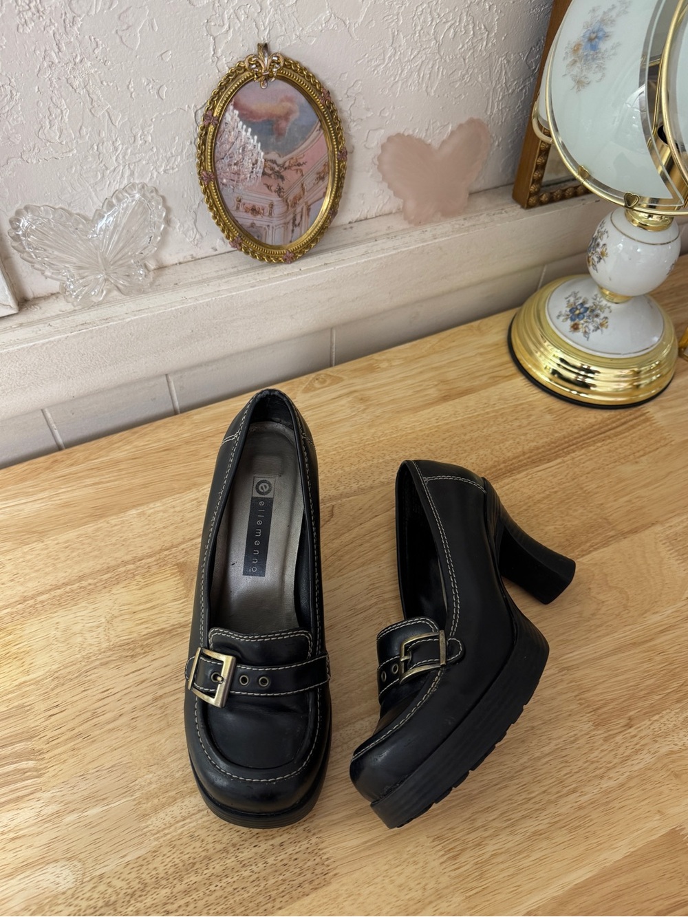 Ellemenno Black Y2K Platform Buckle Loafer Heels Size 8.5 Grunge
